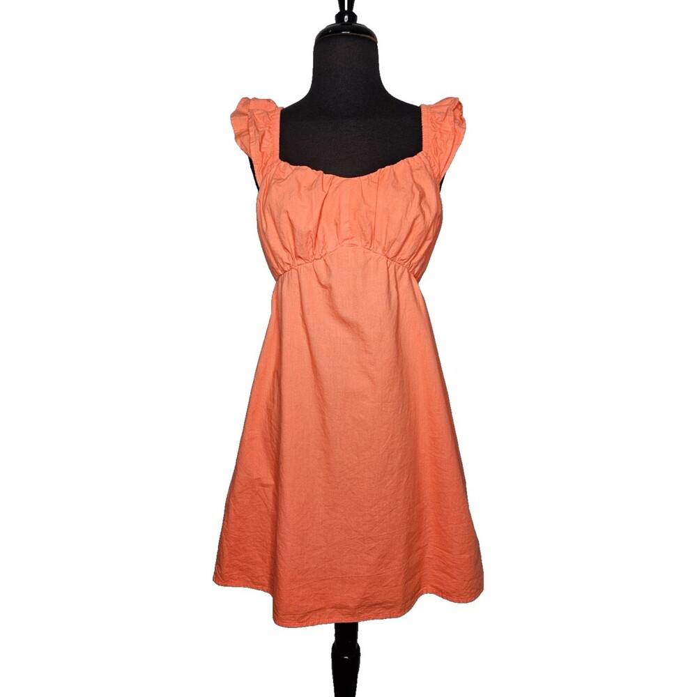 SIM & SAM Pastel Orange Mini Dress Small Smocked Cotton Lined Milk Maid Ruffles